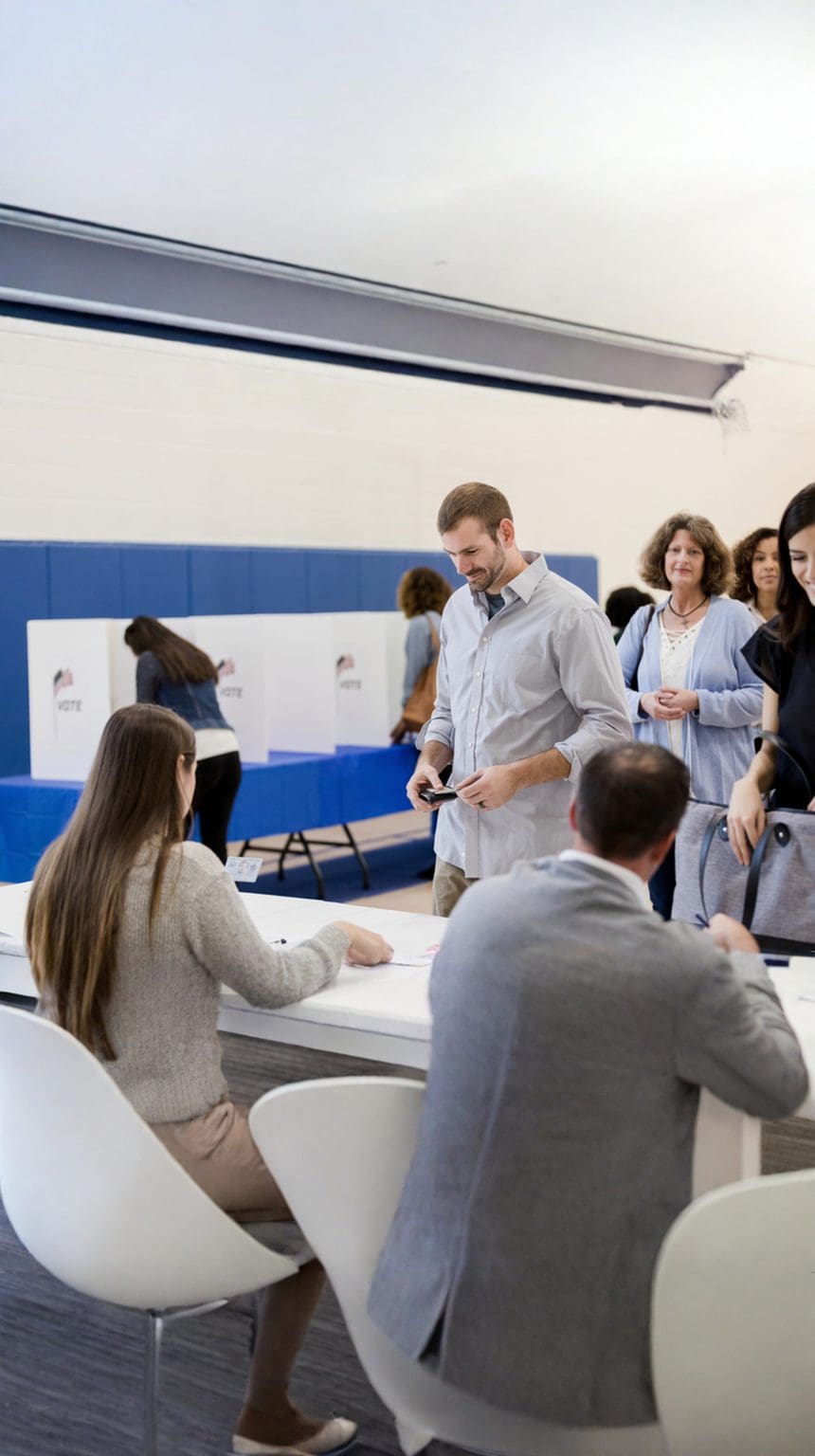 Adults Wait In Line To Cast Their Votes At A Polling Station Inside.